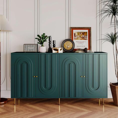 PRICES MAY VARY. Modern Sideboard: With fully concealed hinges to maintain its minimalist look and four doors designed with an exquisite unique relief pattern, this 60" green buffet cabinet has a modern aesthetic and is the perfect addition to high-end home decor; It can be used as a credenza in the dining room, a TV stand or decorative accent cabinet in the living room, an entryway table with storage, or as a display cabinet in the office; Dimensions: 59.8" (L) x 15.7" (W) x 33.7" (H) Built to Coffee Console Table, Buffet Table In Living Room, Memphis Home Decor, Buffet Cabinet Entryway, Green Refinished Furniture, Mid Century Modern Painted Cabinets, Sideboard Buffet Living Room, Console Table Cabinet, Entryway Ideas Mid Century Modern