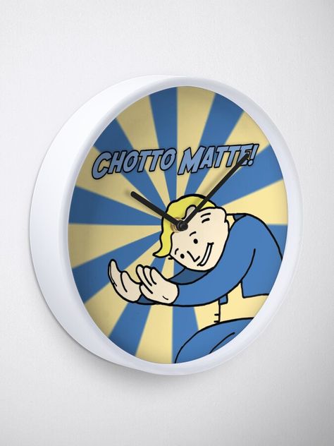 "Fallout Vault Boy - Chotto Matte!" Clock by HarmooAlex | Redbubble Chotto Matte, Fallout Vault Boy, Vaulting, Glossier Stickers, Transparent Stickers, Fallout, Iphone Wallet, Fallout Vault, Art Boards