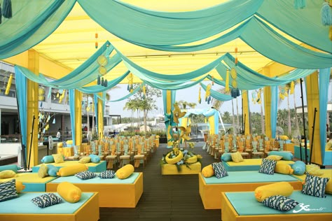 Photo of Yellow and blue tent decor for a day mehndi cermeony Haldi Ceremony Decorations, Indian Wedding Decorations Receptions, Wedding Tent Decorations, Mehendi Decor Ideas, Tent Decor, Wedding Decor Photos, Wedding Stage Design, Desi Wedding Decor, Mehndi Decor