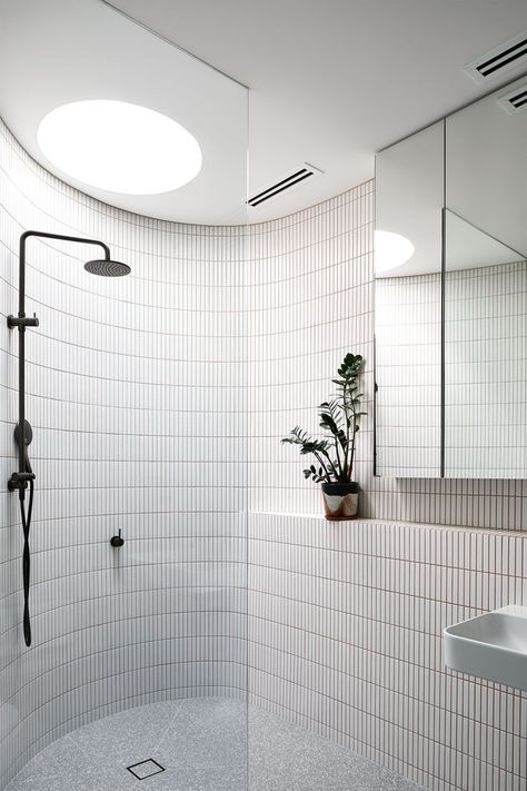 round wall in the shower with finger tiles and a skylight ] Modern Beach House Bathrooms, Round Shower Ideas, Curved Wall Shower Ideas, Rounded Walls Interior, Curved Tile Wall, Tile On Curved Wall, Bathroom Low Ceiling, Bathroom Archway, Curved Bathroom Wall