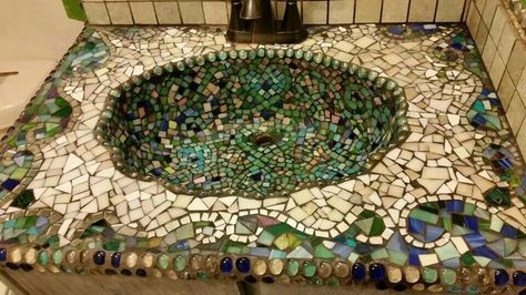 Mosaic Bathroom Sink Diy, Mosaic Bathroom Sink, Mosaic Sink Bathroom, Mosaic Sink Diy, Mosaic Bathroom Ideas, Mosaic Countertop, Mosaic Cabinet, Mosaic Backsplash Bathroom, Tile Sink