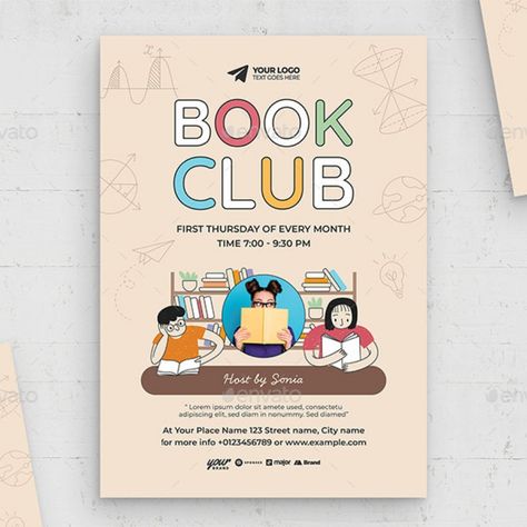 Book Club Flyer Template Book Club Flyer, Logo Mk, Writing Club, Library Events, Logo Graphic Design, Reading Club, Creative Logo Design, Book Clubs, School Clubs