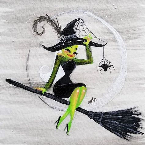 Broom Drawing, Witch On A Broom, Creepy Creatures, Halloween Green, Witch Drawing, Happy Halloween Witches, Halloween Folk Art, Bat Tattoo, Autumn Magic