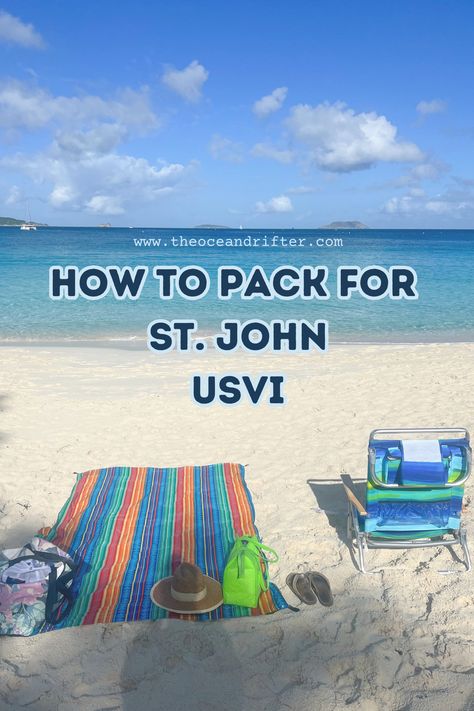 Beach day setup with blanket and chair and the ocean in the background. St John Day Trip, St John Packing List, St John Island, Packing For St Thomas Us Virgin Islands, St. John’s Virgin Islands, Usvi Vacation Outfits, What To Pack For St Thomas, Things To Do In St John Virgin Islands, Virgin Islands Vacation Outfits