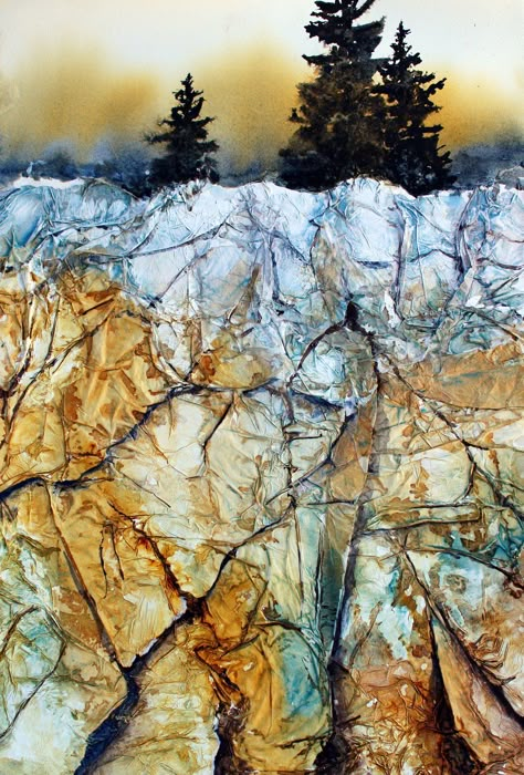 Rocky Ridge, Watercolor, Vinita Pappas Gesso Art, Tissue Paper Art, Art Painting Techniques, Mixed Media Ideas, Mixed Media Techniques, Art Journal Techniques, Pouring Painting, Watercolor Paintings Tutorials, Marbling