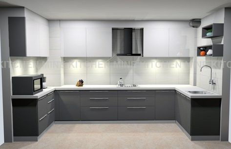 C Shape Kitchen Design Modern, C Kitchen Design, Kitchen Interior Grey And White, C Shape Kitchen Design Indian, C Shape Kitchen Design, Grey Modular Kitchen, C Shaped Kitchen, Modern Kitchen Cabinet Design Colour, Chimney Kitchen Ideas