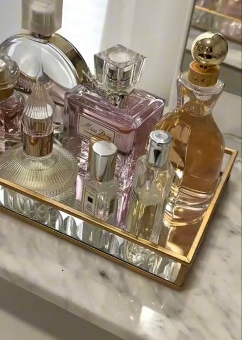 Perfume tray, miss dior, mirror tray, gold, golden decor, aesthetic, coquette decor, bedside table decor Skincare Tray Display, Dior Bedroom Aesthetic, Perfume Table, Perfume Holder, Perfume Tray Aesthetic, Perfume Tray Decor, Perfume Tray Aesthetic Bedroom, Golden Tray Decor, Dresser Decor Perfume Tray