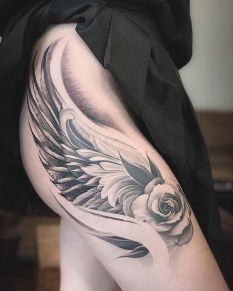 Wings Tattoo Design For Women, Wings On Ribs Tattoo, Floral Wings Tattoo, Angel Wing Rib Tattoo, Flowers And Angel Wings Tattoo, Angel Wing Tattoo Cover Up, Angel Wing Floral Tattoo, Angel Hip Tattoo, Floral Angel Wings Tattoo