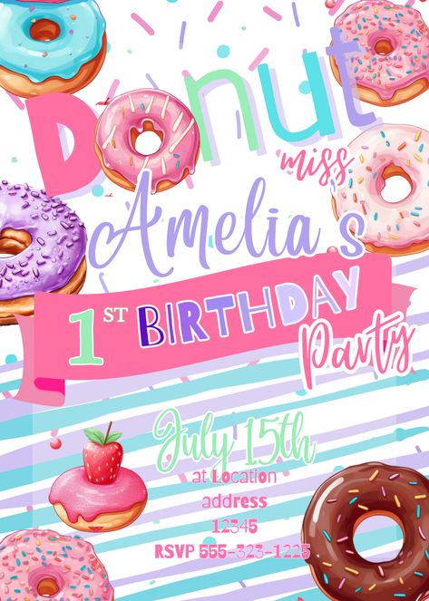 Celebrate the birthday with this vibrant and fun Donut Miss The Birthday Party Invitation Template. Donut Grow Up Birthday Party, Pink Girl Birthday Party, Pink Doughnut, Up Birthday Party, Donut Invitation, Donut Themed Birthday Party, Birthday Donuts, Donut Birthday Parties, Girl Birthday Party Invitations