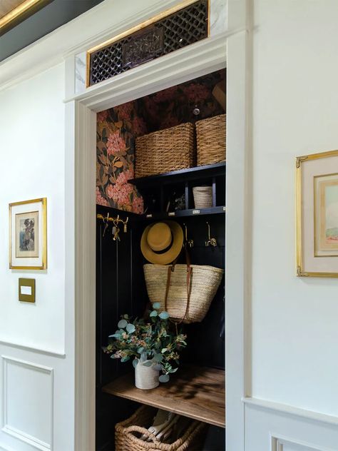 Boho Home Organization, Downstairs Cupboard Ideas, Hallway Cupboard Ideas, Coat Storage Entryway, Vestibule Ideas Entryway, Closet Mudroom Entryway, Mud Closet, Cedar Farmhouse, 1925 Bungalow