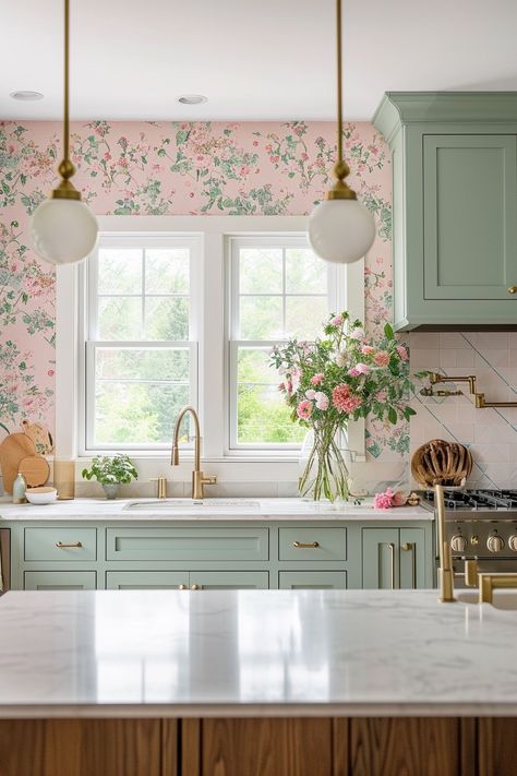 Lavender And Green Kitchen, Sage And Pink Kitchen, Pastel Cabinets, Aesthetic Kitchens, Pretty Dollhouse, Green Kitchen Cabinet, Best Patio Furniture, Lavender Kitchen, Maximalist Home Decor