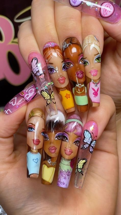 Maddox 🚨🧚‍♀️🚨 on Instagram: “BRATZ DOLLS 💅🏼💖 It’s giving passion for fashion 🤣🙏🏼 I was a little worried about this set not looking cohesive, but I used the new ✨Sweet…” Bratz Dolls Nail, Bratz Nails Art, Bratz Doll Nails, Bratz Nails Design, Bratz Nails, Nail Cartoon, Coffin Tips, Colourful Acrylic Nails, Jelly Polish