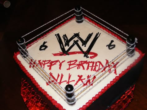 WWE cake: n this is what my jayden wants for his 7th birthday n he wants to put jon cena n the rock on the ring Wrestling Birthday Cakes, Wwe Birthday Cakes, Wwe Cake, Wrestling Cake, Wrestling Birthday Parties, Wrestling Birthday, Wrestling Party, Wwe Birthday Party, Wwe Party