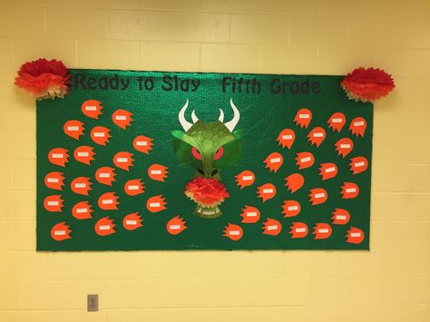 Dragon Door Decorations Classroom, Dnd Bulletin Board, Dragon Bulletin Board, Dragon Display Classroom, Magic Tree House Bulletin Board, Themed Classroom, 5th Grade Math, 5th Grades, Board Ideas