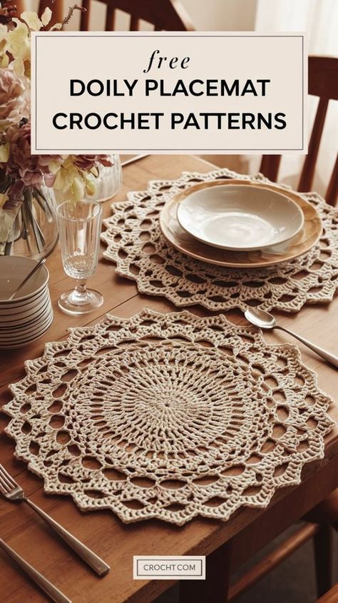 Create beautiful doily placemats with these free crochet patterns. Ideal for crafting timeless decor for any meal setting. Crochet Circular Placemat, Crochet Plate Mat Christmas, Easy Crochet Round Placemat, Crochet Circle Projects, Crochet Placemat And Coaster Set, Round Table Crochet Patterns, Crochet Mandala Placemats, Crochet Granny Placemat, Free Crochet Table Mat Patterns