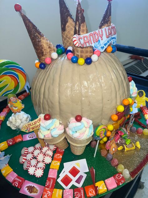 Candyland Fall Festival, Candy Land Pumpkin Decorating, Candy Pumpkin Ideas, Giant Halloween Candy Decorations, Candy Apple Pumpkin Decorating, Candy Land Halloween, Spa Pumpkin, Pumpkin Contest Ideas, Candy Land Characters