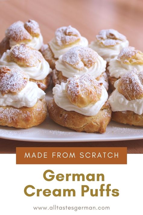 German Donuts Recipe, German Cream Puffs, Bavarian Cream Dessert, Christmas Cream Puffs, Bavarian Creme Filling, German Dessert Recipes, German Christmas Desserts, Bavarian Cream Donut, Fluffy Pastry