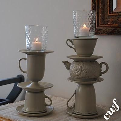 HOW TO MAKE TEAPOT CANDLE PILLARS (iNSPIRED BY ANTHROPOLOGIE) Blooming Monogram, Teacup Crafts, Diy Candle Holders, Cup Crafts, Diy Vintage, Dollar Store Crafts, Diy Candles, Glass Crafts, Decoration Table