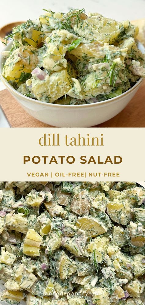 This vegan Dill Potato Salad is the perfect fresh side dish. It's packed with flavor and completely oil-free and gluten-free, too. Tahini Potato Salad, Wfpb Potluck Recipes, Vegan Potato Salad No Mayo, Cream Cheese Potato Salad, Vegan Potato Side Dishes, Asian Potato Salad, Vegan Dill Recipes, Easy Vegan Potluck Recipes, Vegan Oil Free Recipes