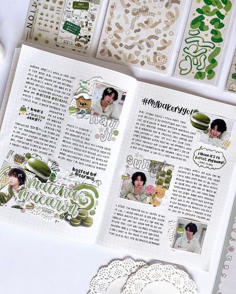 kpop journal • Instagram Matcha Macarons, Bujo Journal, Matcha Lover, Paper Accessories, Bulletin Journal, Aesthetic Notes, Calligraphy Stationery, Art Doodles, Kpop Journal