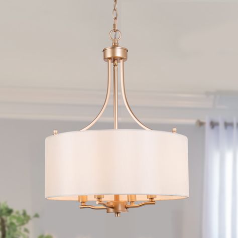 LNC Trend 4-Light Gold and White Fabric Drum Modern/Contemporary Chandelier at Lowes.com Condo Inspiration, Modern Contemporary Chandelier, Gold Light Fixture, Gold Pendent, Drum Light, Gold Fixtures, Room Redesign, White Chandelier, Contemporary Chandelier