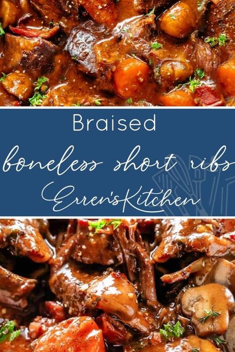 This recipe for Braised Boneless Short Ribs makes the most fall-apart tender beef you will ever have. It's comfort food at it's best! Braised Boneless Short Ribs, Short Ribs Dutch Oven, Short Ribs In Oven, Ribs Recipe Oven, Boneless Short Ribs, Boneless Beef Short Ribs, Slow Cooker Bacon, Beef Short Rib Recipes, Beef Steak Recipes