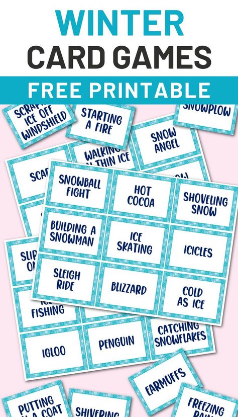 Free printable winter cards for games. Gather the entire family together for a fun game night using these Winter Game Cards! Play Charades, Pictionary, CatchPhrase, and Head’s Up with these free game cards and have a blast together as a family. Printables for family fun. Printable card games. Printable Card Games, Pictionary For Kids, Kids Team Building Activities, Holiday Charades, Fun Drawing Games, Winter Party Games, Charades For Kids, Charades Cards, Christmas Charades