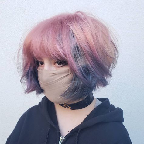 Purple With Pink Hair, Blue To Orange Hair, Short Peek A Boo Hair, Alt Hair Colors For Short Hair, Cute Hair Colours For Short Hair, Purple And Pink Hair Short, Short Pink Hairstyles, Short Hair Fashion Color, Unique Pixie Cuts