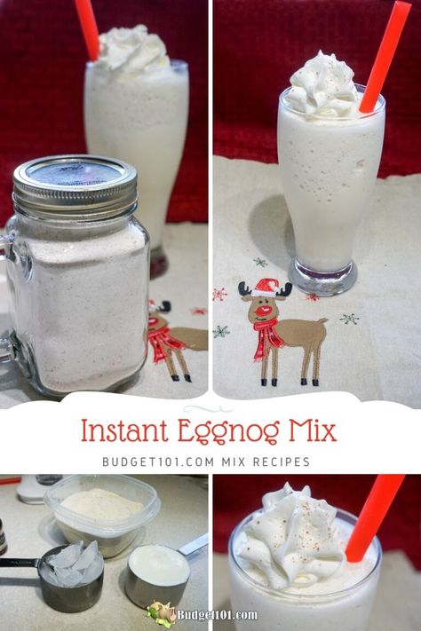 Homemade Instant Eggnog Mix- Budget101 Mixes Eggnog Mix Recipe, Eggnog Drinks, Homemade Dry Mixes, Dry Mixes, Homemade Eggnog, Homemade Mixes, Drink Mixes, Eggnog Recipe, Beverage Recipes