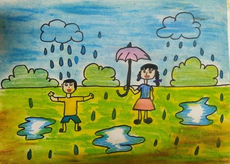 Easy Rainy day drawing for kids Rainy Day Drawing Easy, Rainy Day Drawing For Kids, Rainy Day Scenery, Mewarnai Tk, Scenery For Kids, Bible Emoji, Day Scenery, Rainy Day Drawing, Diy Crafts For School