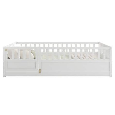 Pine High Fence Children's Floor Standing Bed Frame - Bed Bath & Beyond - 40832552 Full Size Floor Bed, Ceiling Bed, Bed For Bedroom, Montessori Floor Bed, Small Game Rooms, Floor Bed Frame, Solid Wood Bed Frame, Fence Doors, French Bed