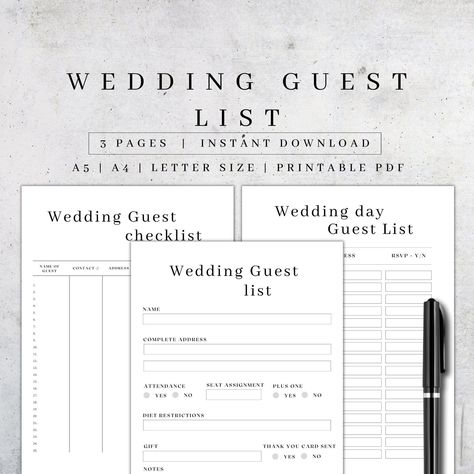 Wedding Guest List Printable | Digital Guest Book Pages | Wedding Organizer | Wedding Planning | Event Planner | RSVP Tracker A5, A4, Letter Wedding Planning Book Diy, Wedding Guest List Printable, Organizing Goals, Guest List Template, Free Wedding Planner Printables, Wedding Planning Book, Wedding Organizer, Minimalist Planner, Wedding Planner Book