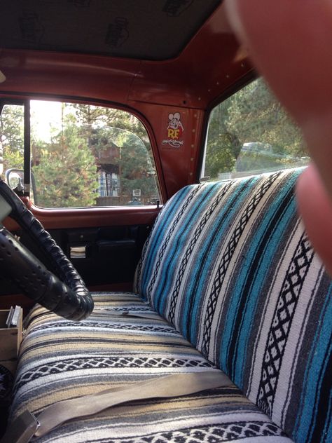 1970 Sweptline interior ( Kustom ) Mexican Blanket Seat Cover Car Seat Cover Blanket, Mexican Blanket Car Interior, Boho Truck Interior, Bench Seat Truck Interior, Bench Seat Covers Truck, Head Liner Ideas For Trucks, Old Truck Accessories, Aesthetic Truck Interior, Truck Inside Decor