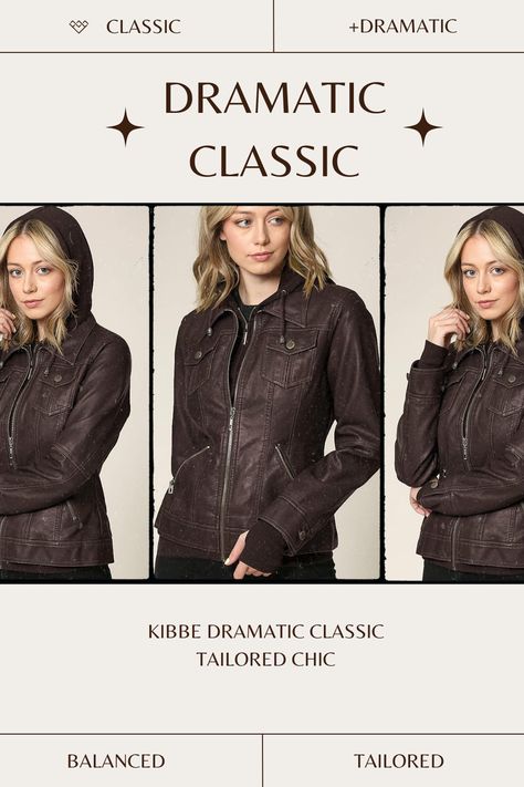 Lock and Love Women's Removable Hooded Faux Leather Jacket Moto Biker Coat perfect for a kibbe dramatic classic outfit! tailored chic. refined. elegant. geometric. angular. sharp edges. straight lines. balanced. symmetrical. sleek. sculpted. trim and taut. Fashion Dramatic, Kibbe Dramatic Classic, Tailored Chic, Kibbe Dramatic, True Spring, Classic Leather Jacket, Biker Coat, Collar Leather Jacket, Dramatic Classic