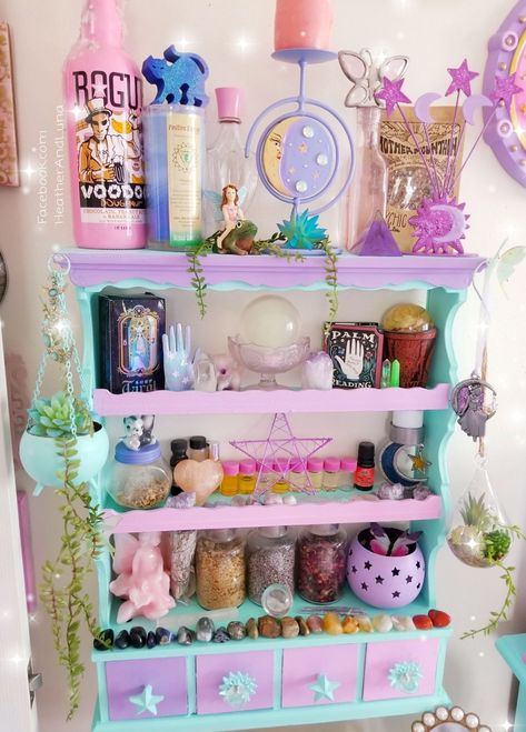 Pastel Whimsigothic, Witch Aesthetic Shelves, Pastel Witch Decor, Pastel Goth Bedroom Aesthetic, Pastel Goth Living Room, Goth Kawaii Room, Pastel Goth Aesthetic Room, Pastel Goth Room Ideas, Pastel Goth Bedroom