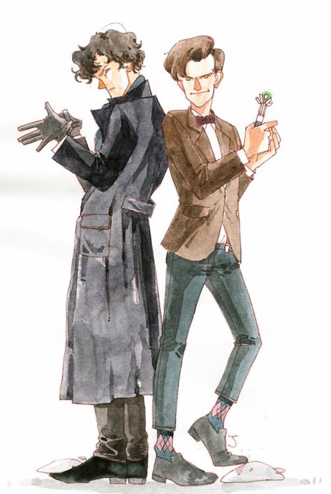 Sherlock and the 11th Doctor. Why is the Doctor wearing funny shoes, and socks? o_O He usually wears boots, and pants that reach his shoes. Doctor Who Fan Art, Sherlock Fanart, Doctor Who Art, 11th Doctor, Eleventh Doctor, Fandom Crossover, Wibbly Wobbly Timey Wimey Stuff, Johnlock, Timey Wimey Stuff