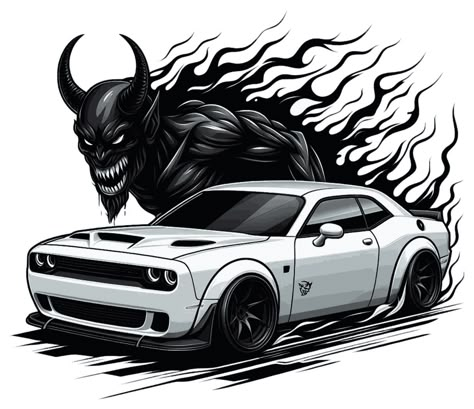 White Dodge Demon With Real Demon Figure Dodge Challenger Art, Dodge Demon Wallpaper 4k, Doge Challenger, Challenger Demon, Aladdin Broadway, Cars On The Road, Cartoon Car Drawing, Charger Hellcat, Srt Demon