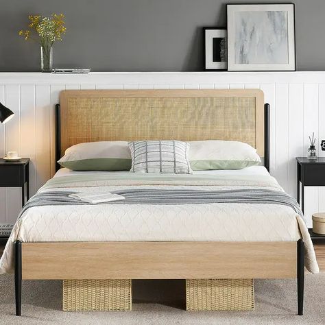 Wooden Storage Metal Platform Bed Frame with Rattan Headboard Queen/ Full - On Sale - Bed Bath & Beyond - 38186677 Queen Size Metal Bed Frame, Full Metal Bed Frame, Headboard Platform Bed, Rattan Bed Frame, Modern Style Bed, Rattan Bed, Rattan Headboard, Bed Platform, Full Size Bed Frame