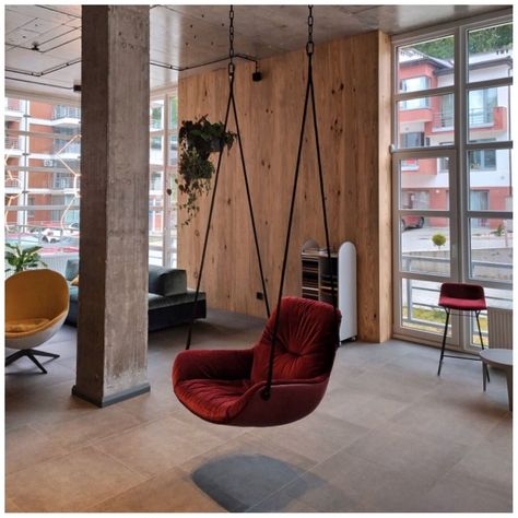 SWING SEATS MADE OUT OF PASSION BY FREIFRAU - Hanging Chairs Hanging Sofa Living Room, Red Lounge Chair, Living Room Swing Ideas, Jula Swing, Swings For Home, Modern Hanging Chairs, Swing In Living Room, Garden Swings, Room Swing