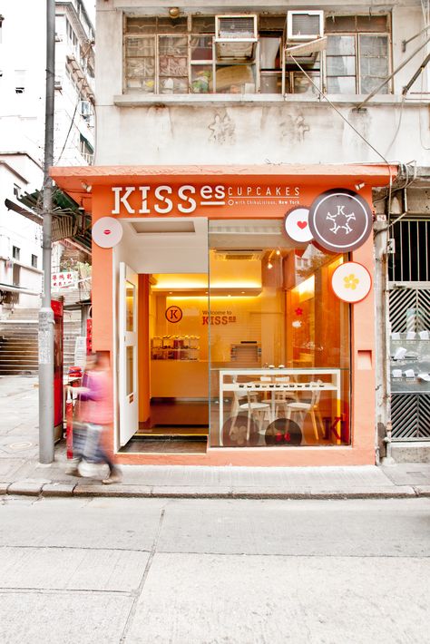 Kisses Cupcakes in NoHo, Hong Kong by Liquid Interiors - bakery facade design, cupcake shop, orange and white, modern fun design Bread Shop Design, Bakery Facade, Orange Bakery, Cake Shop Design, Men With Beards, Cupcake Shop, Shop Facade, Bread Shop, Cupcake Shops