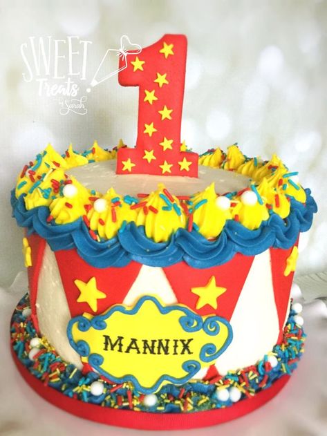 Circus Themed Smash Cake, Circus Smash Cake Ideas, Dumbo Smash Cake, Circus Theme Cake Buttercream, Carnival Smash Cake 1st Birthday Parties, Circus First Birthday Cake, Carnival Cake Ideas Simple, Circus Theme Cake 1st Birthdays, Circus Themed Cake