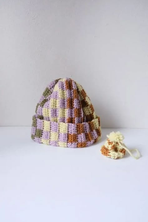 Upcycled Crochet, Crochet Checkered, Crochet Headwear, Crochet Hat Patterns, Cozy Crochet, Custom Crochet, Handmade Hat, Hat Patterns, Wool Beanie