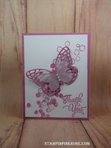 Stampin’ Up! CAS Thank You card made with Playful Background stamp set. Designed by demo Pamela Sadler. See more cards at stampinpinkrose.com #stampinpinkrose Vellum Cards, Butterfly Card, Making Greeting Cards, Dryer Sheets, Butterfly Cards, Stamping Up Cards, Pretty Cards, Floral Cards, Creative Cards