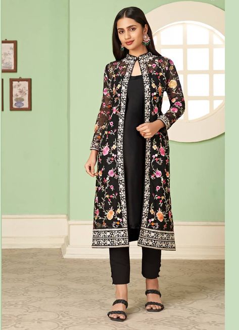 For women, a black georgette embroidered salwar kameez. (1 Top/1 Bottom/1 Dupatta) Suit From Scratch, Collar Neck Design, Black Jacket Style, Georgette Jacket, Outfit From Scratch, Partywear Lehenga, Raspberry Blush, Suit With Jacket, Celana Fashion