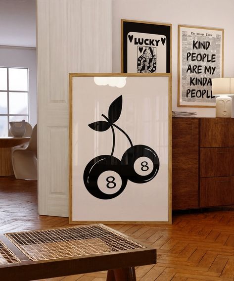 Maximalist Room Decor, Cherry Poster, Modern Kitchen Decor, Magic 8 Ball, Hippie Room Decor, Hippy Room, Bar Cart Art, Funky Wall Art, Preppy Room Decor