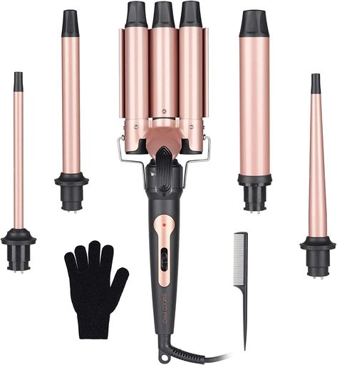 EMOCCI PRO 5 in 1 curling iron set with interchangeable barrels include 1 inch three barrel curling iron ceramic; 3/8 inch small curling iron for short hair; 3/4 inch to 3/8 inch tapered curling wand; long barrel curling iron 3/4 inch barrel; 1.25 inch beach waves curling iron hair crimper for women; 1 hair comb & Curling Iron Glove heat resistant. With wave curling iron of different sizes, you can make different hairstysle like corkscrew curls, beach waves, ringlets. Waves Curling Iron, Curling Iron For Short Hair, Waver Curling Iron, Three Barrel Curling Iron, Beach Waves Curling Iron, Beachwaver Curling Iron, Large Barrel Curling Iron, Corkscrew Curls, Hair Curler Wand