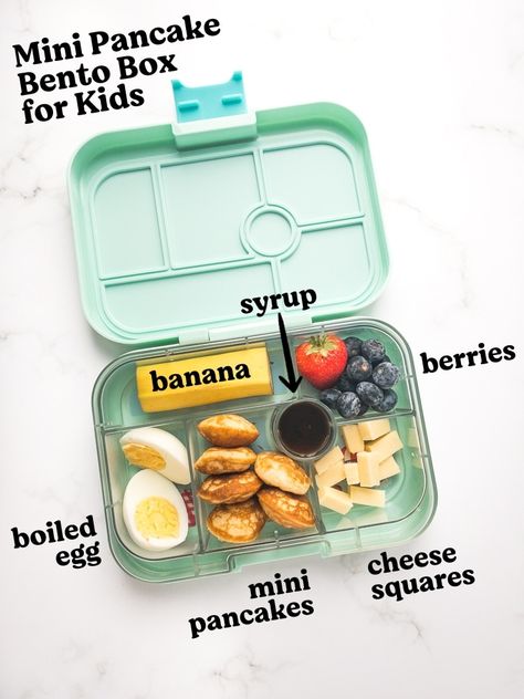 Such a fun (but simple!) bento lunchbox idea for kids! This easy mini pancake lunch is perfect for the kids who don't like sandwiches, and it is so quick and easy to assemble. With cheese, fruit and eggs this is a healthy all-rounder of a meal. Toddler Lunch Bento Box Ideas, Preschool Lunchbox Ideas Picky Eaters, Lunchbox Pancakes, Bento Box Lunch For Kids Picky Eaters, Kids Bento Lunch Ideas, Pancake Bento, Bentgo Box, Simple Bento, Kid Breakfast