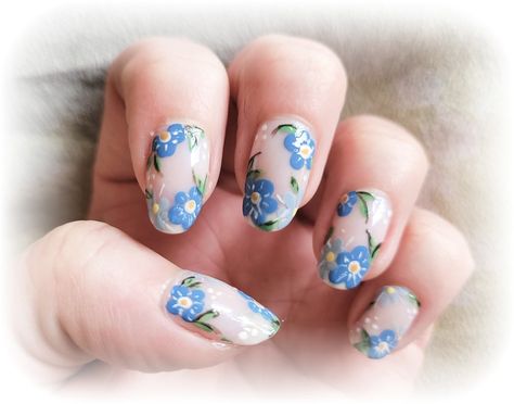 Forget Me Not Flowers Nail Art, Forget Me Not Nails Blue Flowers, Forget Me Not Flower Nails, Forget Me Not Nail Art, Hydrangea Nail Art, Forget Me Not Nails, Engagement Nails, Blue Watercolor Floral, Graduation Nails