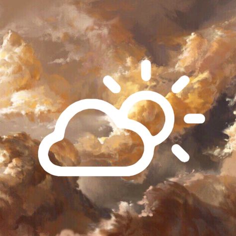 White iPhone weather icon on a background of a painting of a golden sunset Iphone Weather Icon, Weather Logo Aesthetic, Weather Widget Icon, Weather App Icon Aesthetic, Weather Icon Aesthetic, Widget Weather, Logos Aesthetic, Weather App Icon, Gold Icons