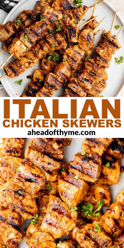 Mini Chicken Kabobs Appetizers, Easy Chicken Skewers Grilled, Chicken Skewer Appetizer Recipes, Italian Chicken Kabobs, Italian Chicken For A Crowd, Best Chicken Skewers, Chicken Skewers On The Grill, Italian Chicken Appetizers, Italian Chicken Skewers